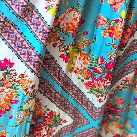 Torrid Off Shouler‎ Women's Turquoise Scarf Print Challis Smocked Maxi Dress 0X - Picture 12 of 12